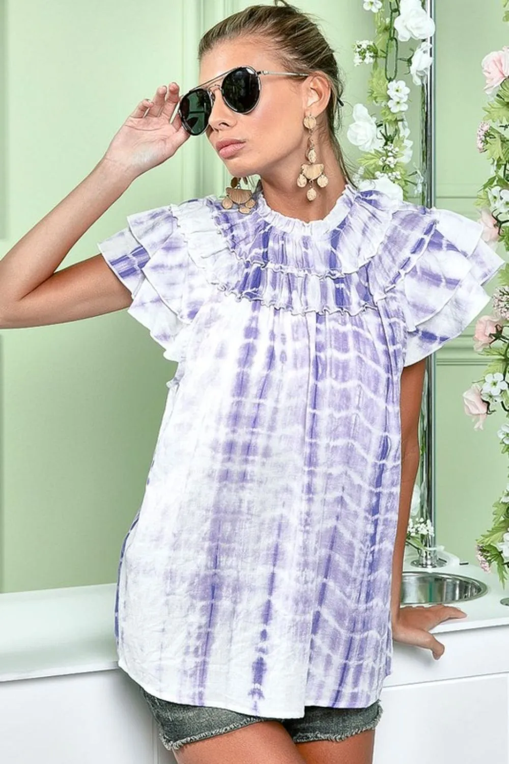Tiered Ruffle Neck Tie Dye Top, image 2