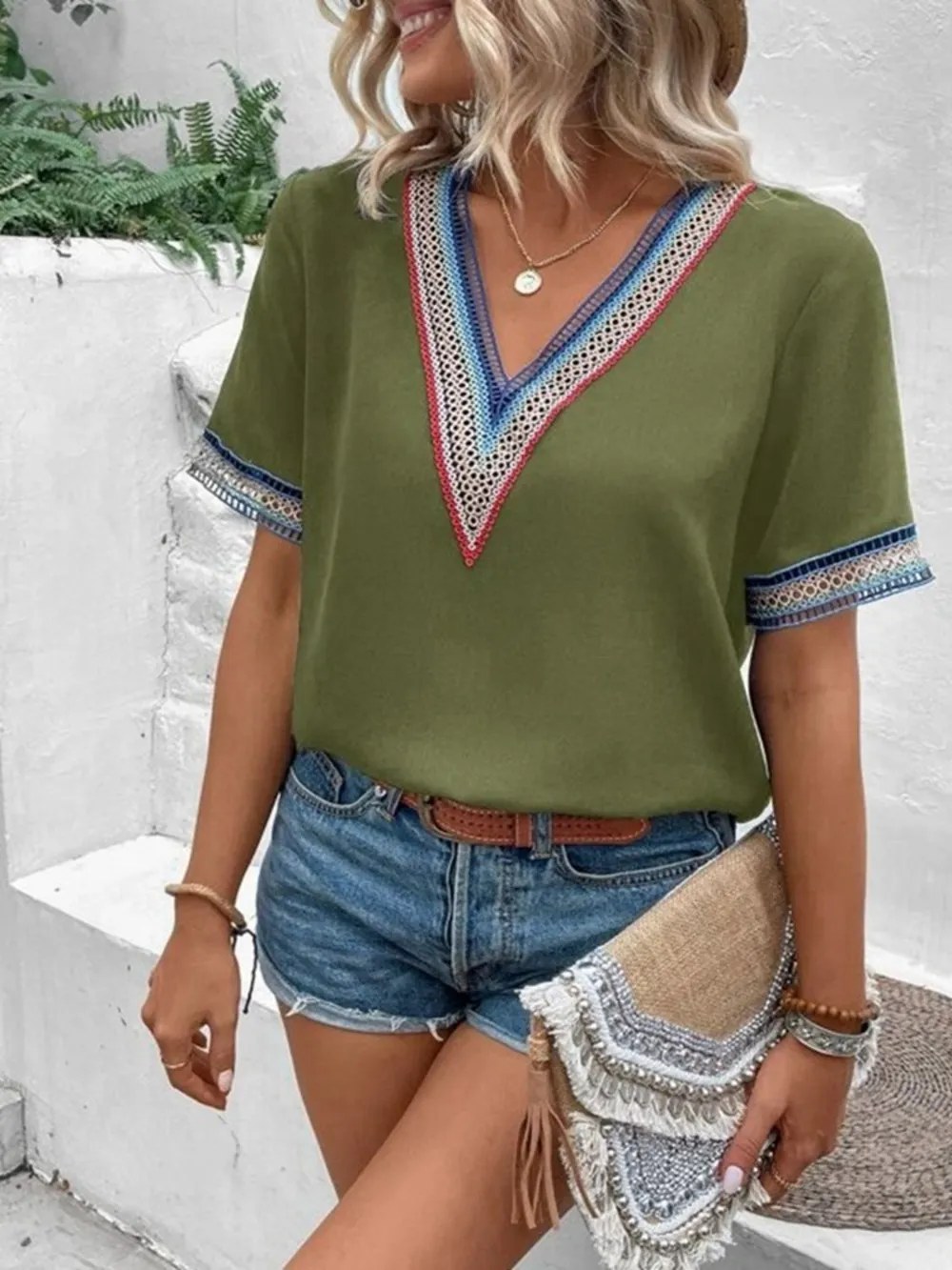 Full Size V-Neck Short Sleeve Blouse, image 2