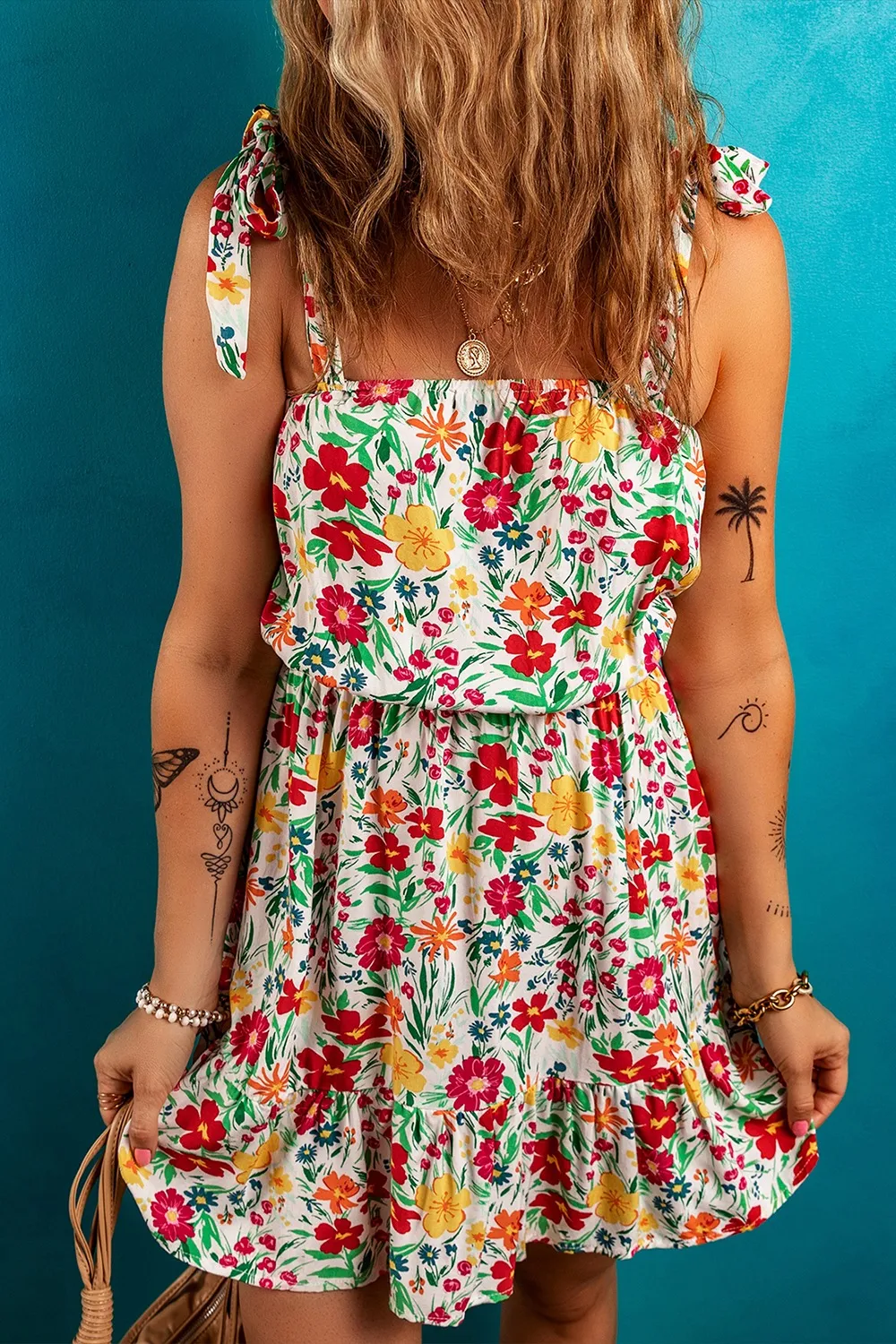 Floral Knotted Straps Cinched Waist Ruffle Hem Mini Dress, image 3