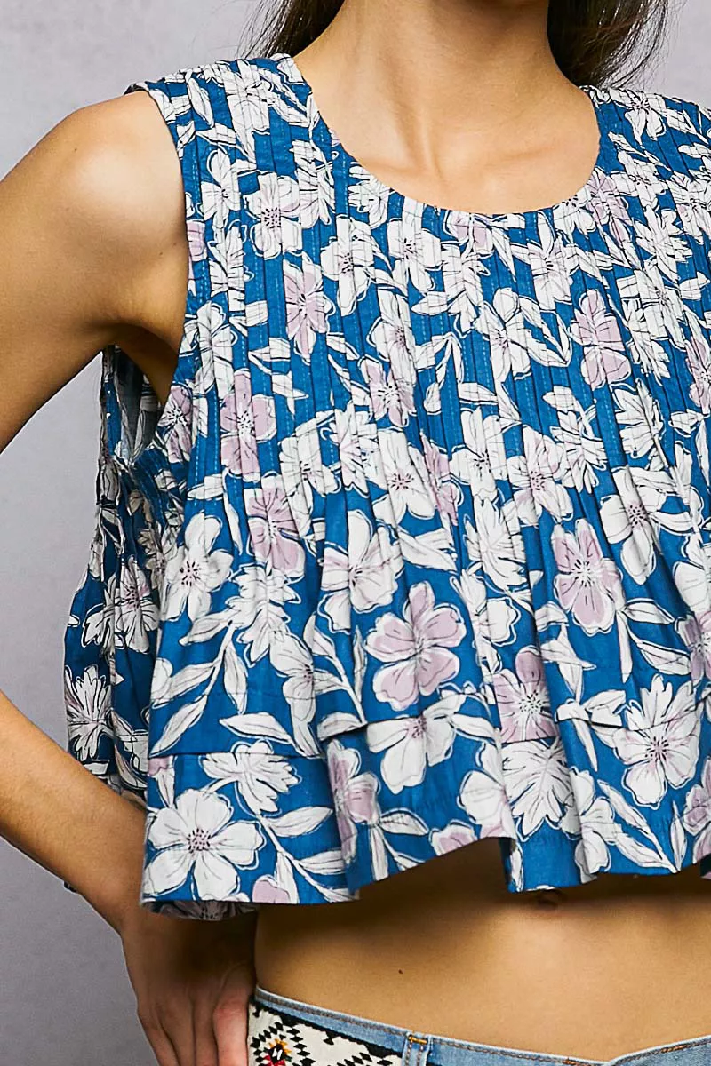 Floral Round Neck Cropped Pintuck Tank, image 6