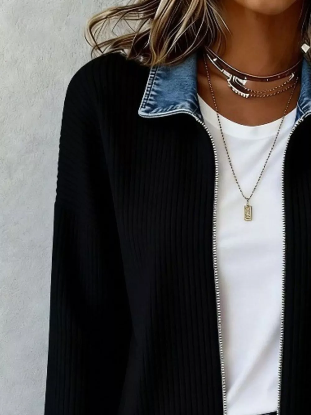 Contrast Denim Collar Ribbed Knit Jacket, image 4
