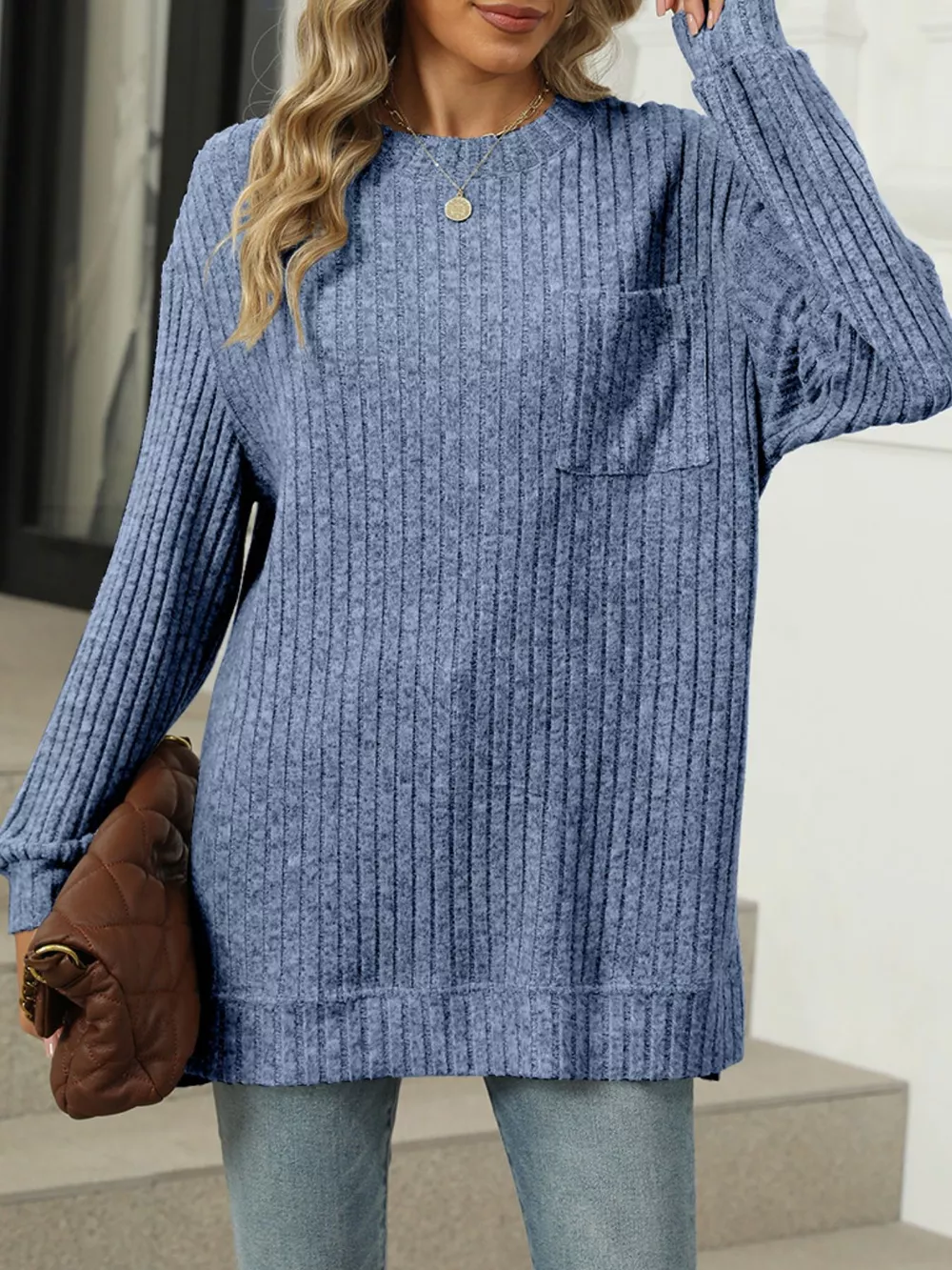 Ribbed Knit Round Neck Sweater, image 9