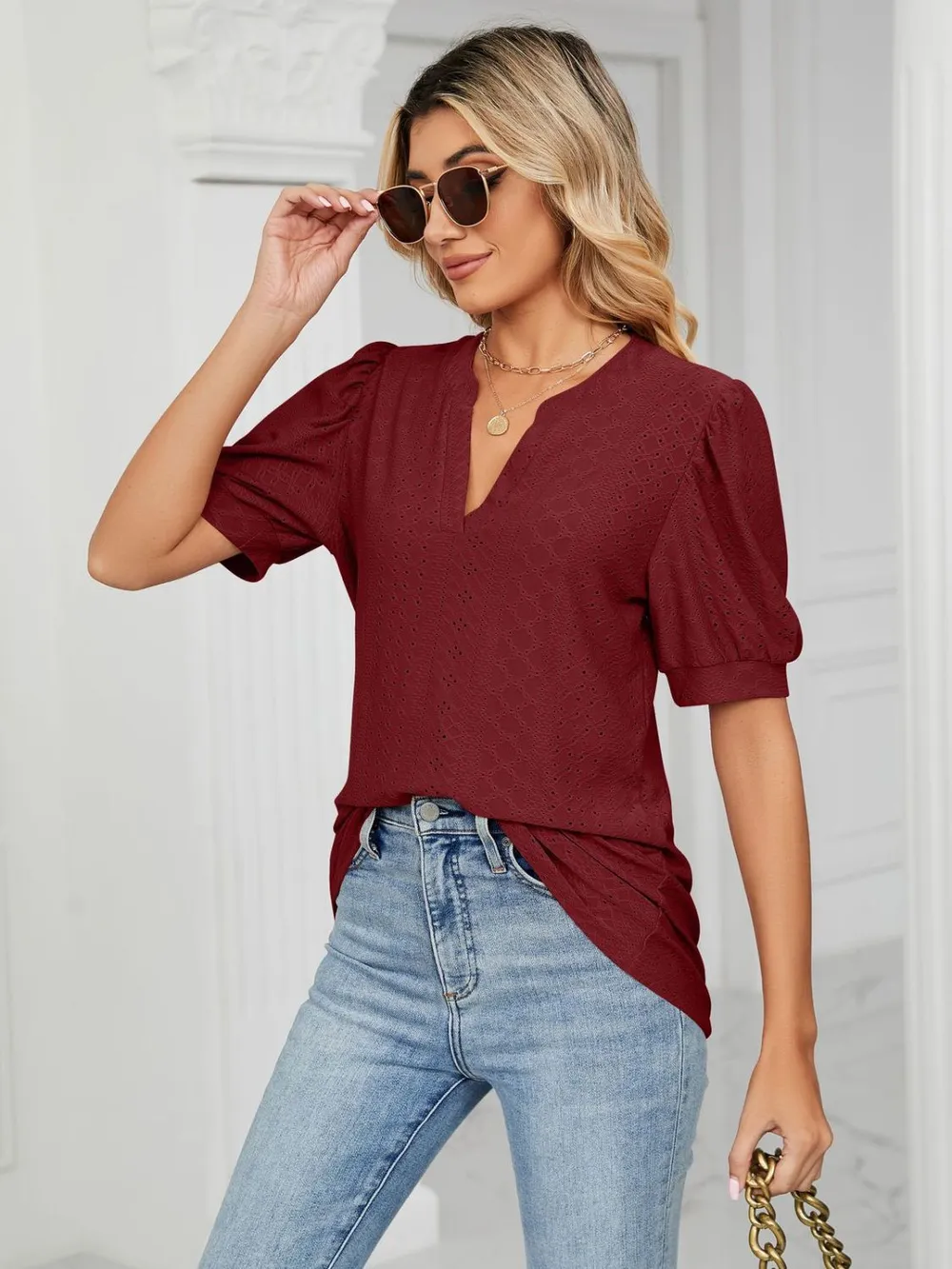 Eyelet Notched Short Sleeve T-Shirt, image 26