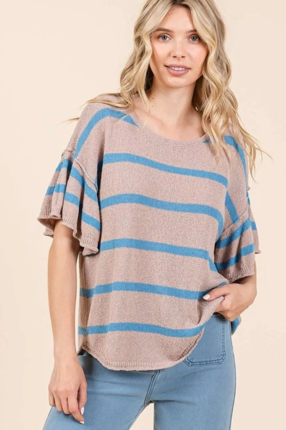 Striped Flounce Sleeve Knit Top, image 3