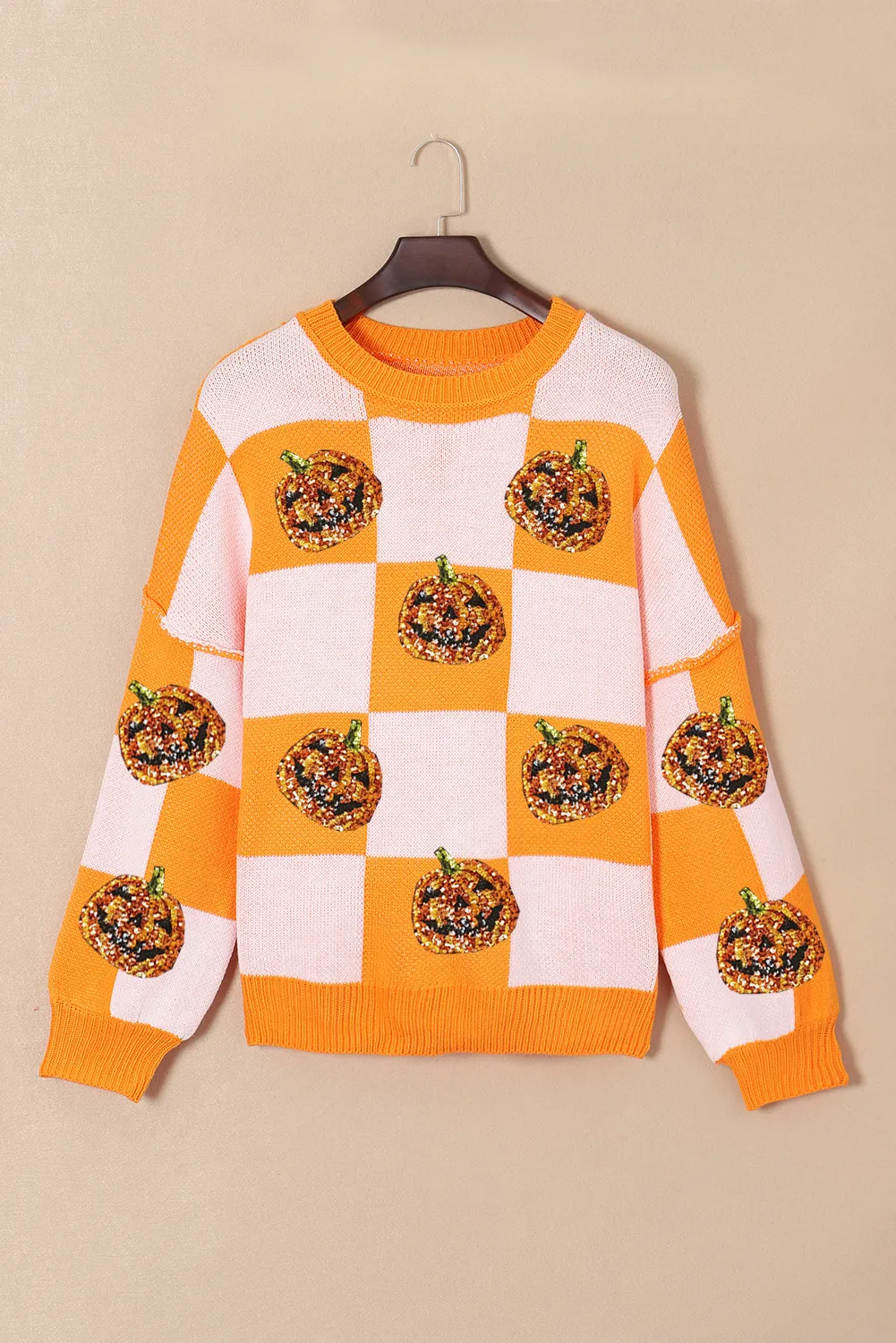 Pumpkin Checkered Round Neck Long Sleeve Sweater, image 2