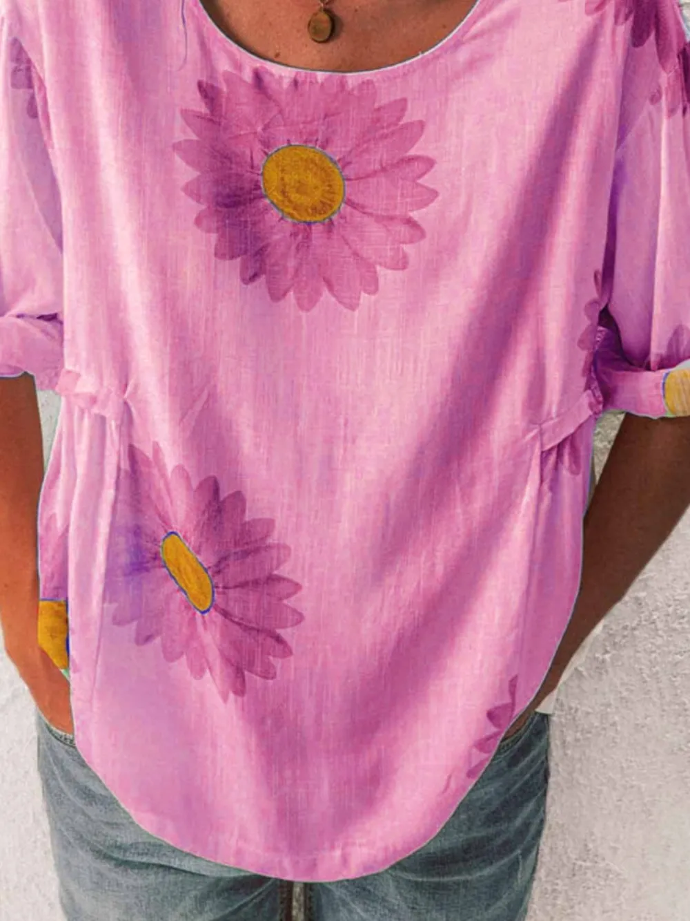 Full Size Flower Round Neck Half Sleeve T-Shirt Plus Size, image 17