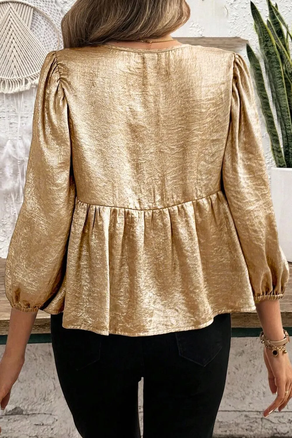 Tied Peplum Three-Quarter Sleeve Blouse, image 2