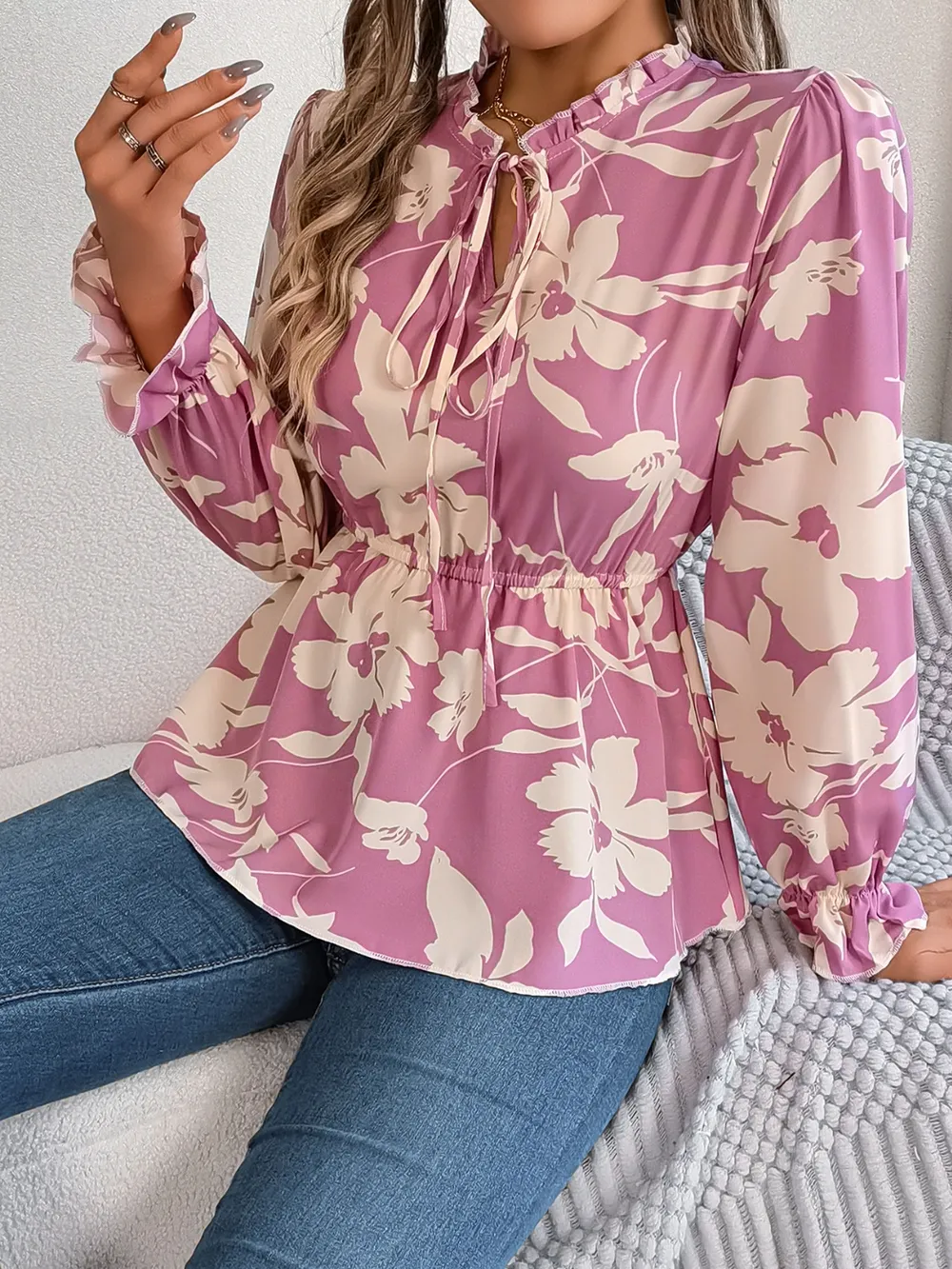 Printed Tie Neck Flounce Sleeve Blouse, image 7