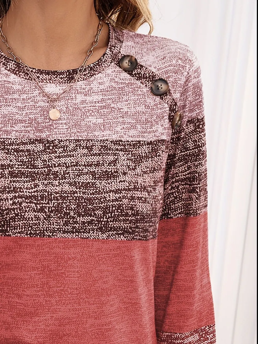 Decorative Button Contrast Round Neck Long Sleeve T-Shirt, image 9