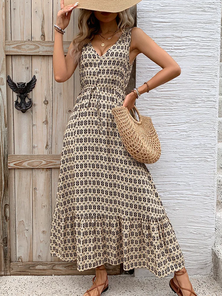 Printed V-Neck Tie Waist Midi Dress, image 14