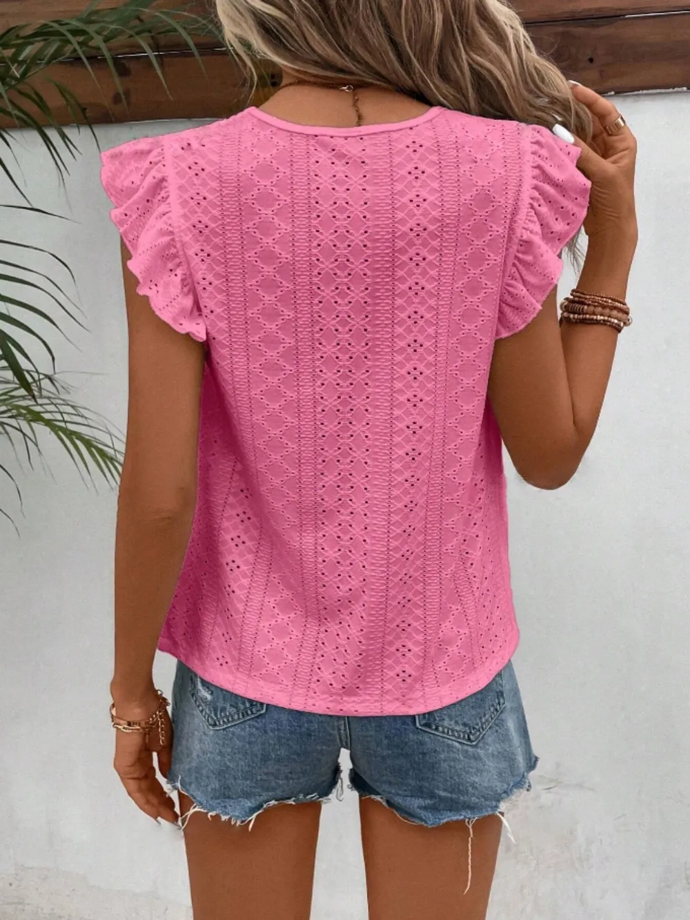 Eyelet Round Neck Cap Sleeve Top, image 7