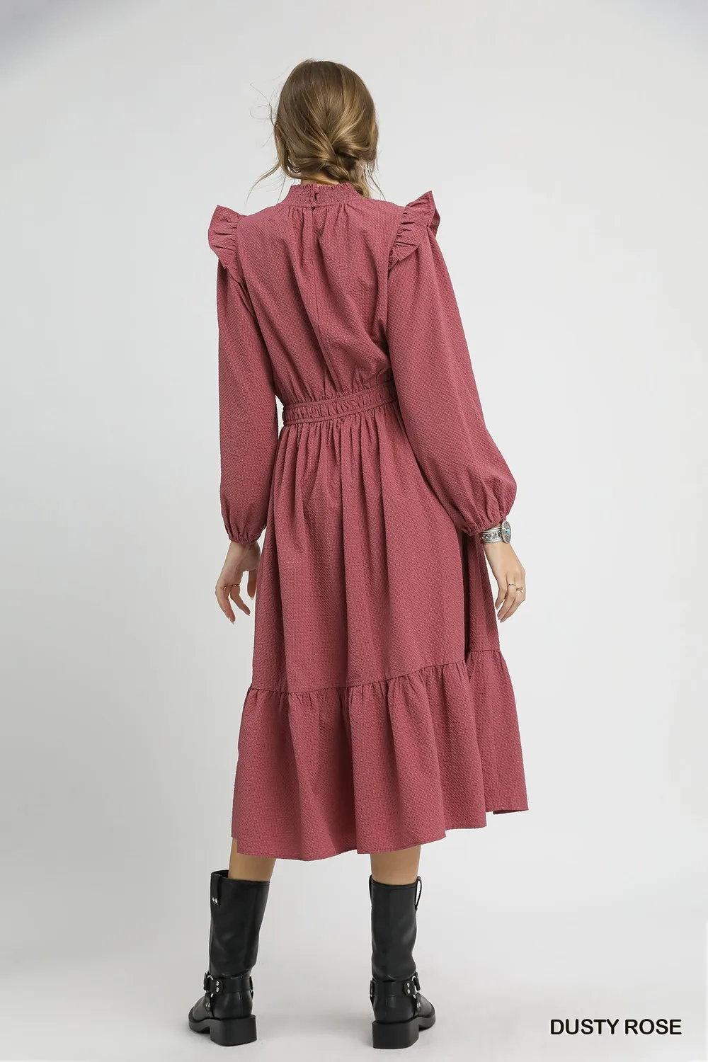 Textured Midi Dress with Ruffle Shoulder Detail, image 5