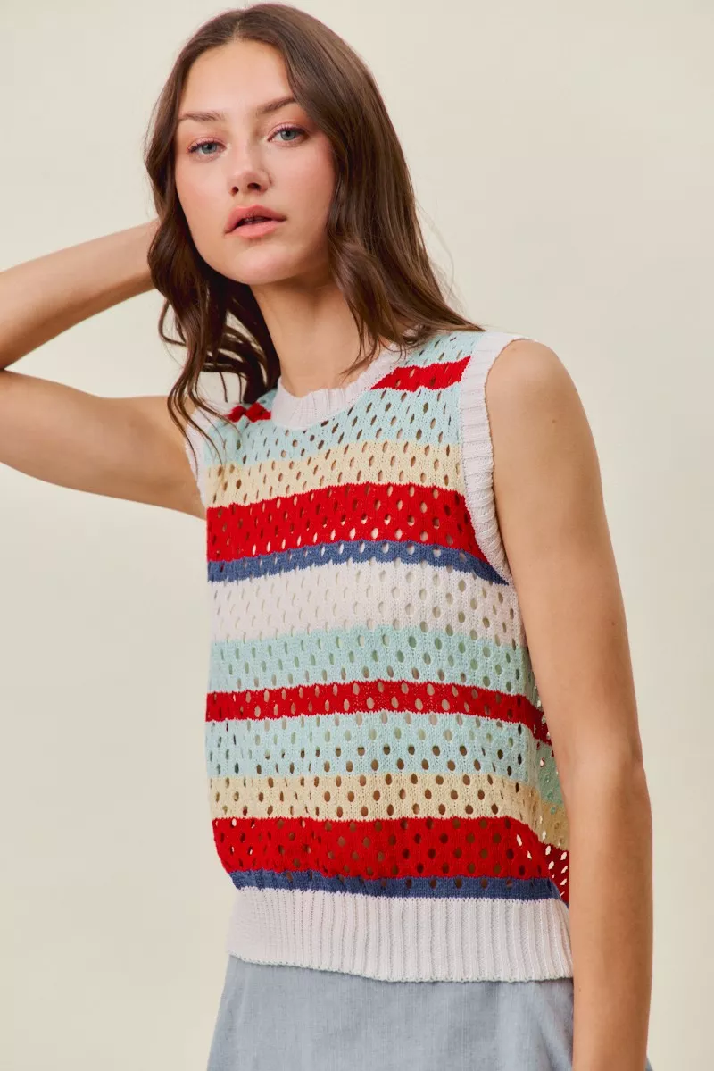 Tie Back Multi Stripe Sweater Knit Tank Top, image 10