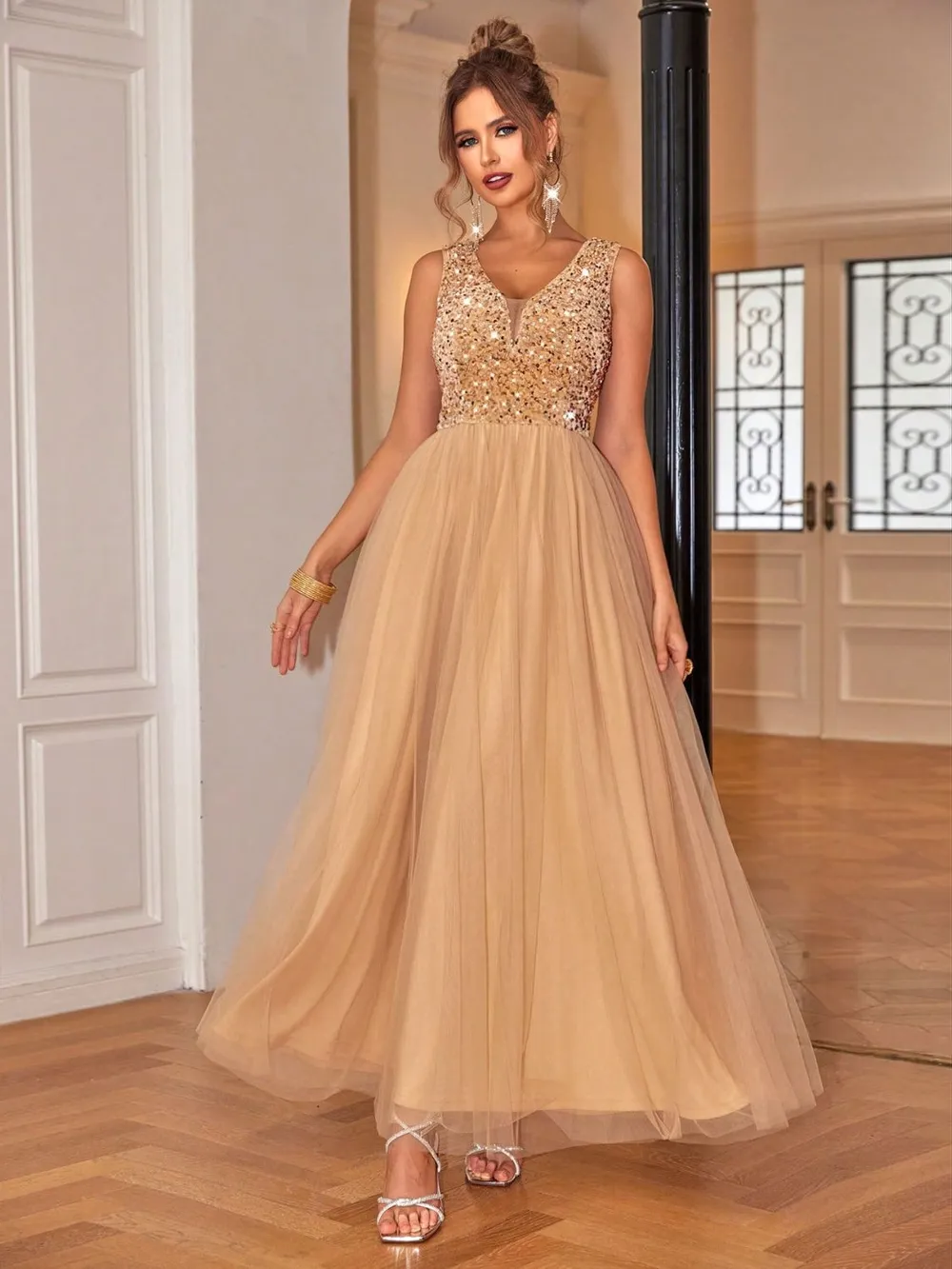 Sequin V-Neck Sleeveless Dress, image 2