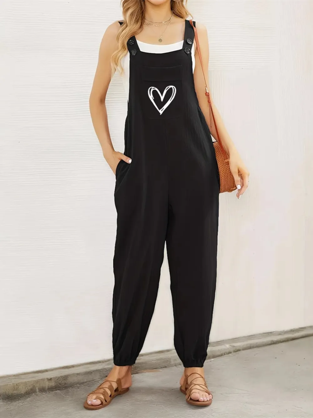 Heart Square Neck Wide Strap Overalls, image 5