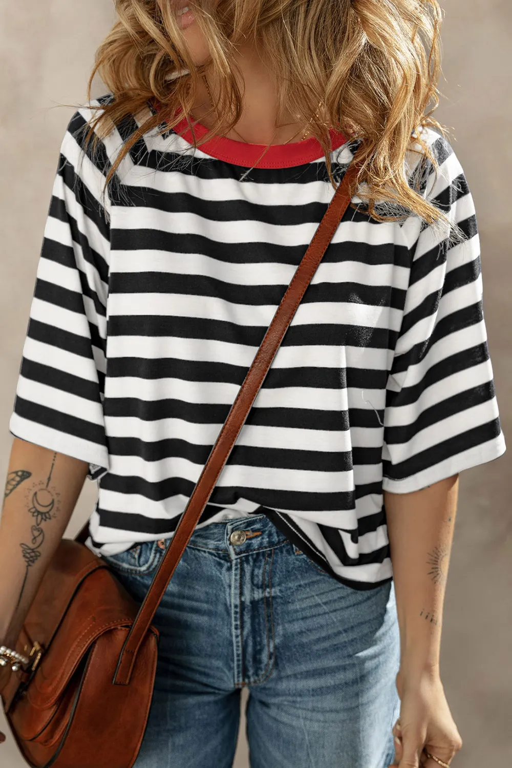 Striped Round Neck Raglan Sleeve T-Shirt, image 2
