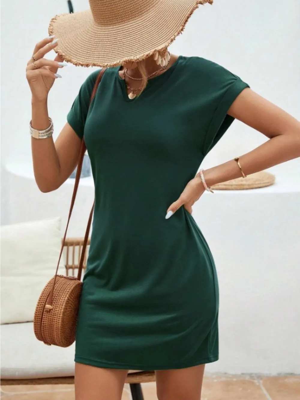 Notched Short Sleeve Mini Tee Dress, image 2