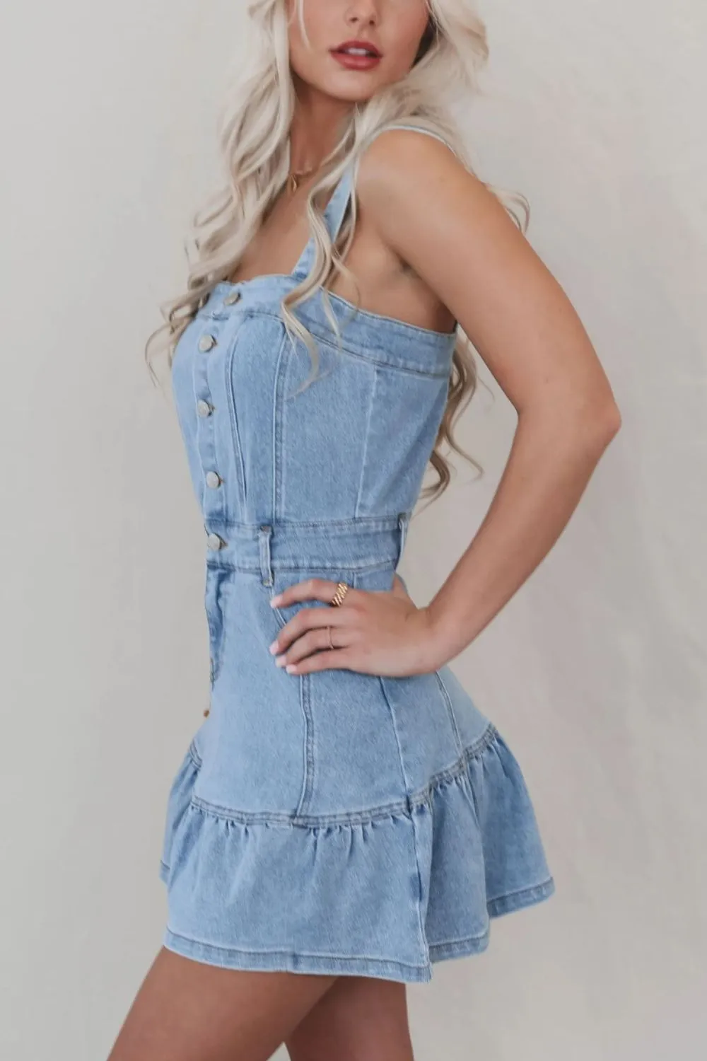Ruffled Hem Button Front Square Neck Denim Dress, image 3