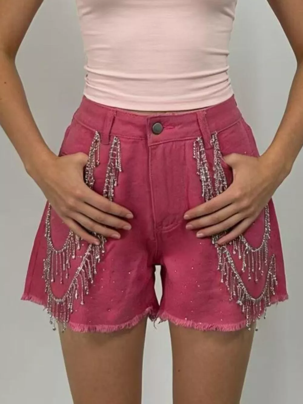 Rhinestone Chain Raw Hem Denim Shorts, image 9