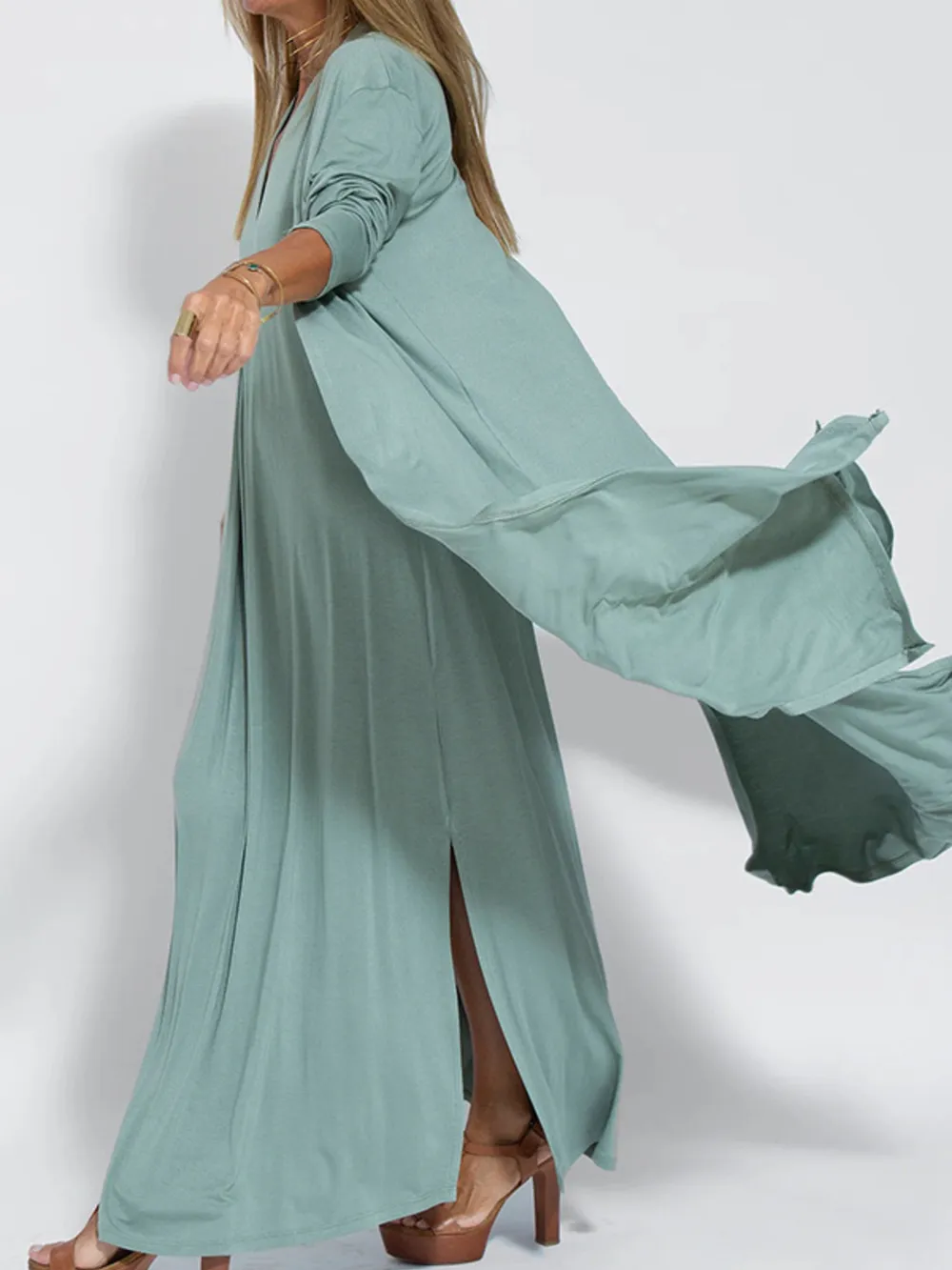 Full Size Open Front Side Slit Longline Cardigan Plus Size, image 4