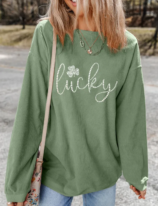 LUCKY Rhinestone Round Neck Long Sleeve Sweatshirt, image 2