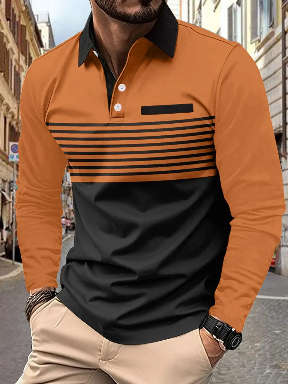 Men's Full Size Collared Neck Long Sleeve Striped Polo Plus Size, image 5