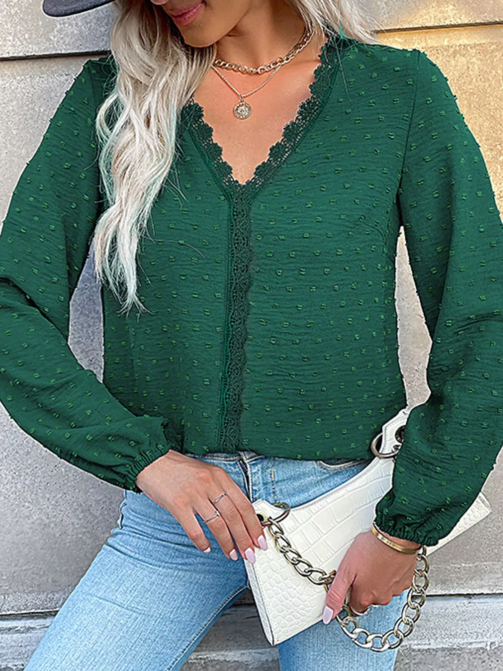 Lace Detail V-Neck Long Sleeve Blouse, image 2