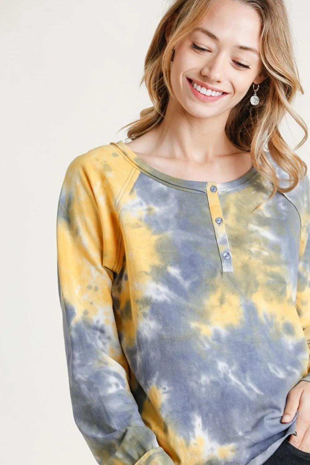 Full Size Tie Dye Button Front Long Raglan Sleeve Top Plus Size