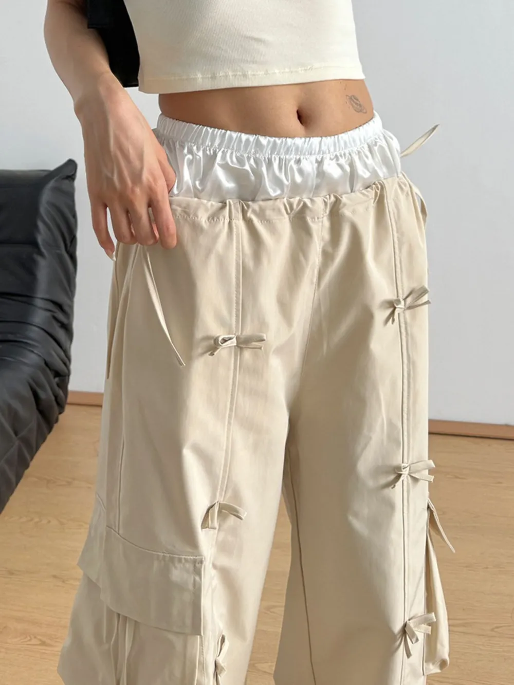 Bow Elastic Waist Cargo Pants, image 4