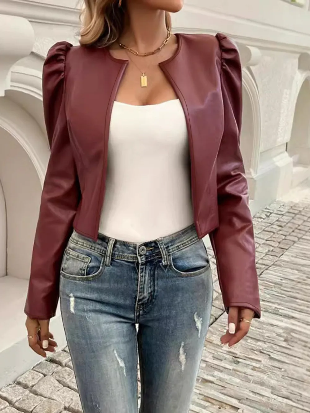 PU Leather Open Front Puff Sleeve Jacket, image 9