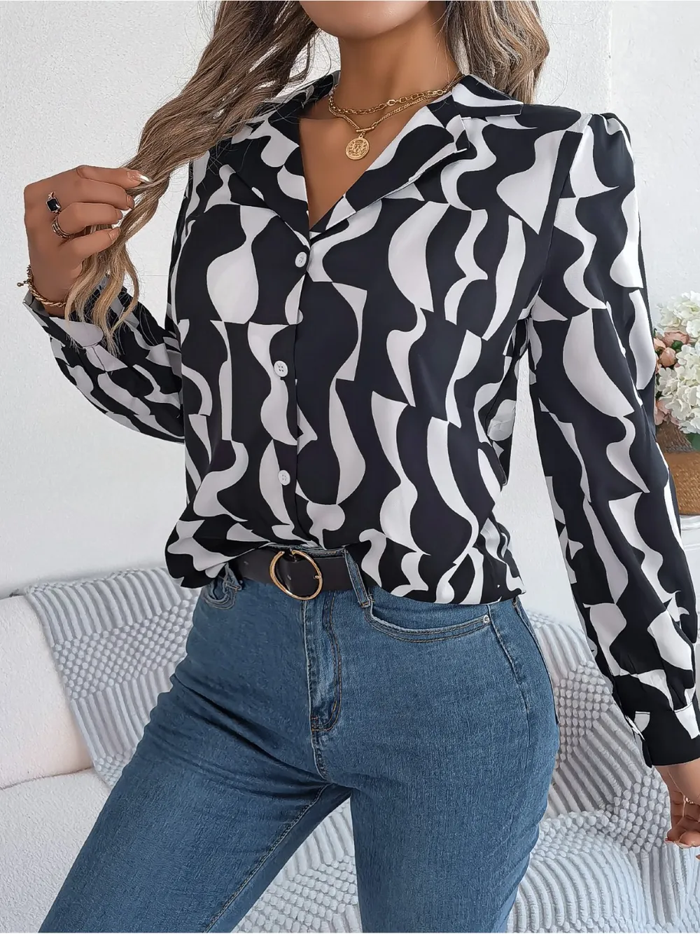 Printed Button Up Long Sleeve Shirt, image 2