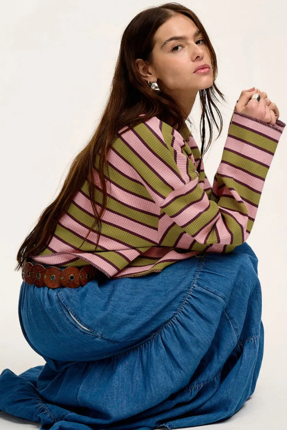 Striped Notched Long Sleeve T-Shirt, image 2