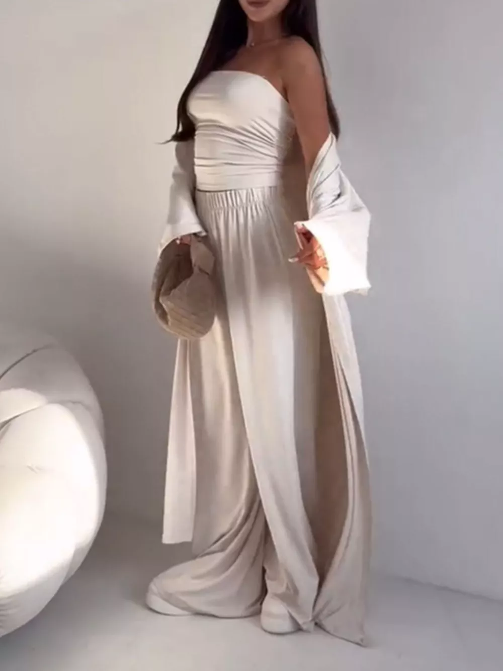 Tube Top & Cardigan & Wide Leg Pants 3-Piece Set, image 14