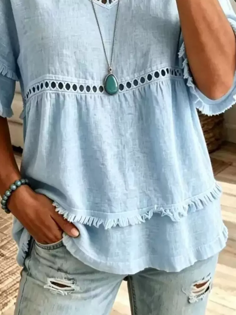 Eyelet V-Neck Frayed Edge T-Shirt, image 11