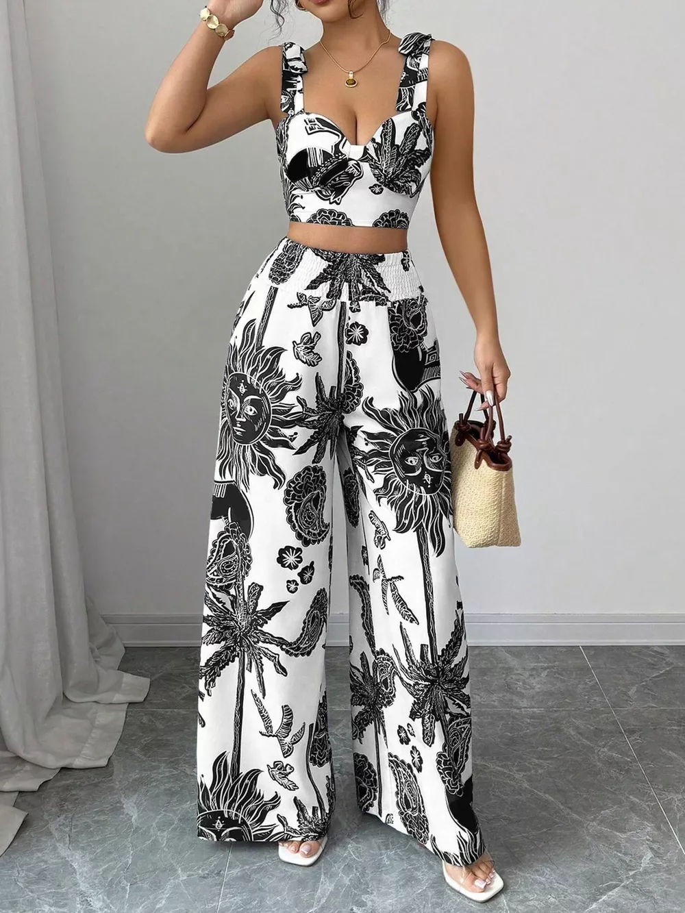 Floral Print Crop Top and Wide Leg Pants Set, image 14