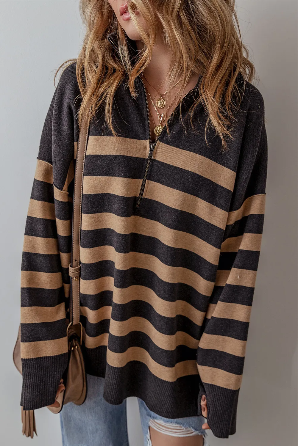 Striped Half Zip Long Sleeve Knit Top, image 2