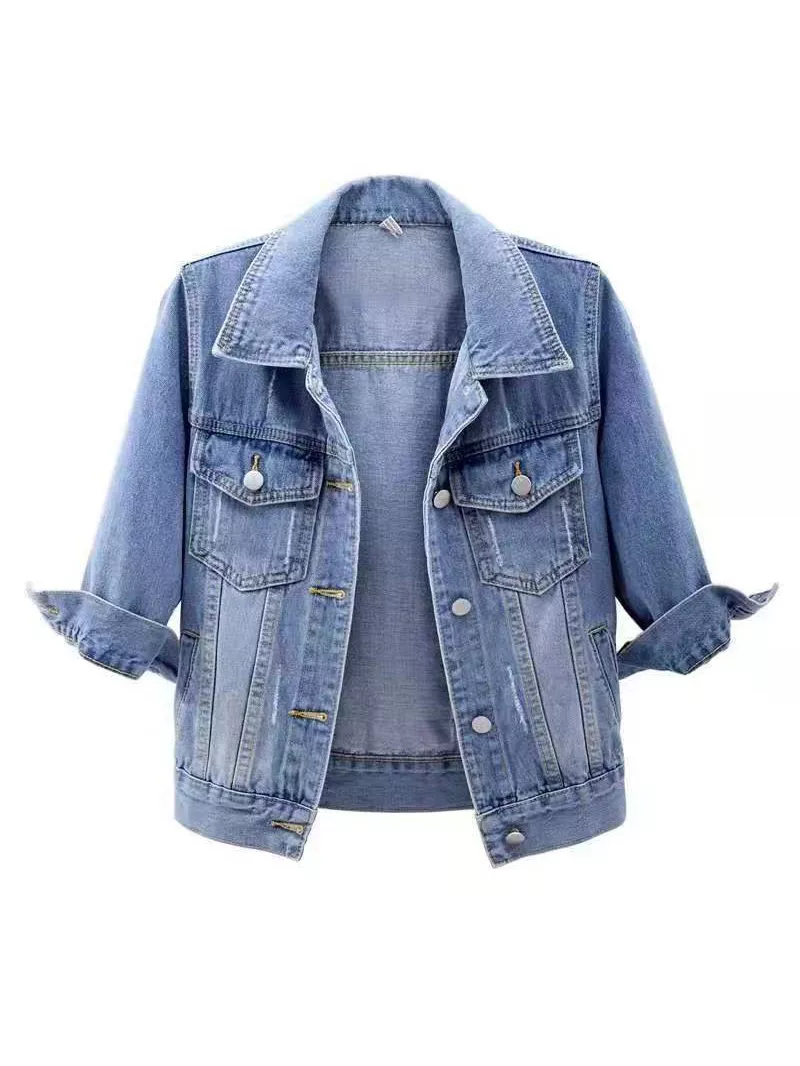 Full Size Distressed Mid-Sleeve Denim Jacket Plus Size, image 6
