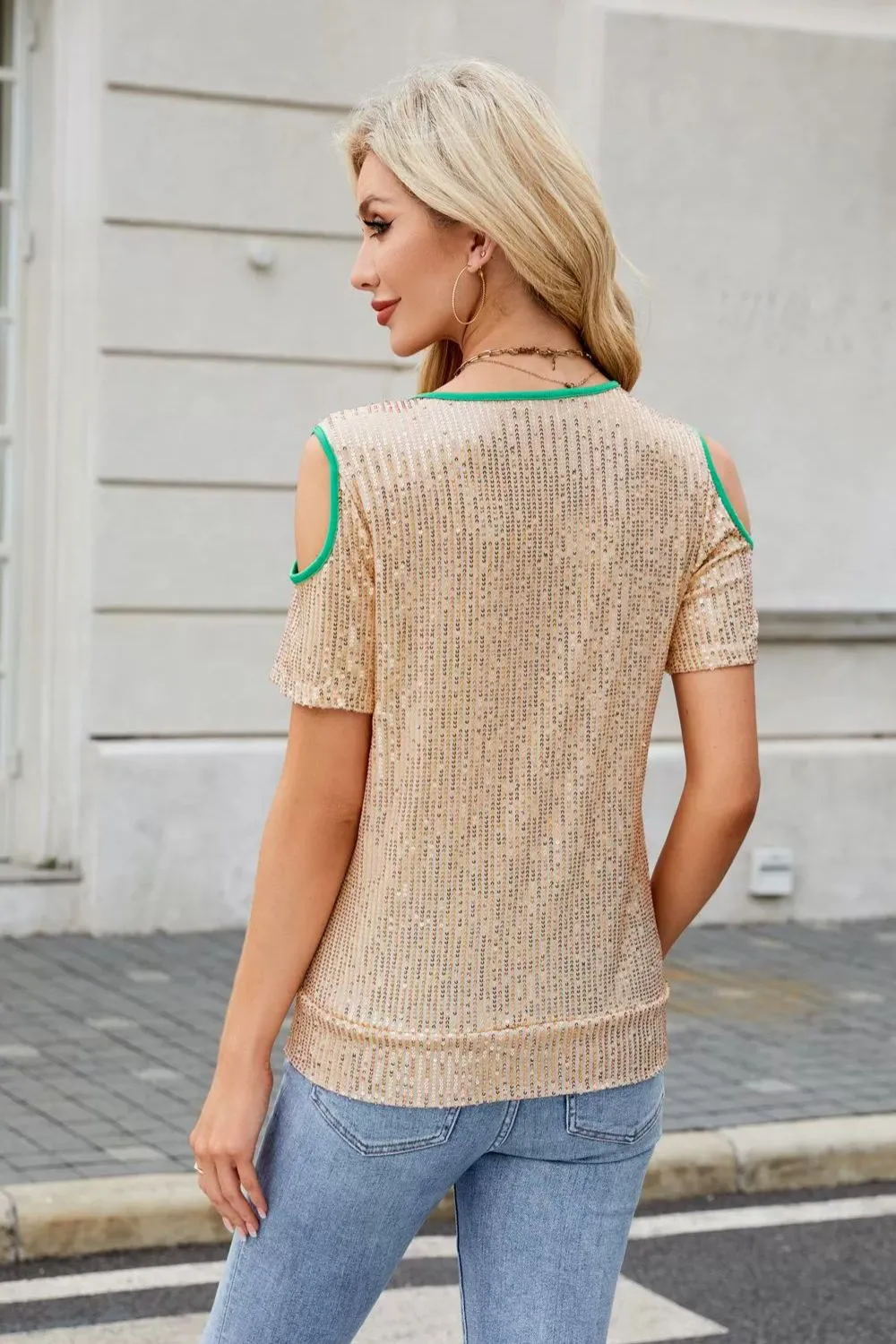 Sequin Crisscross V-Neck Cold Shoulder Blouse, image 11