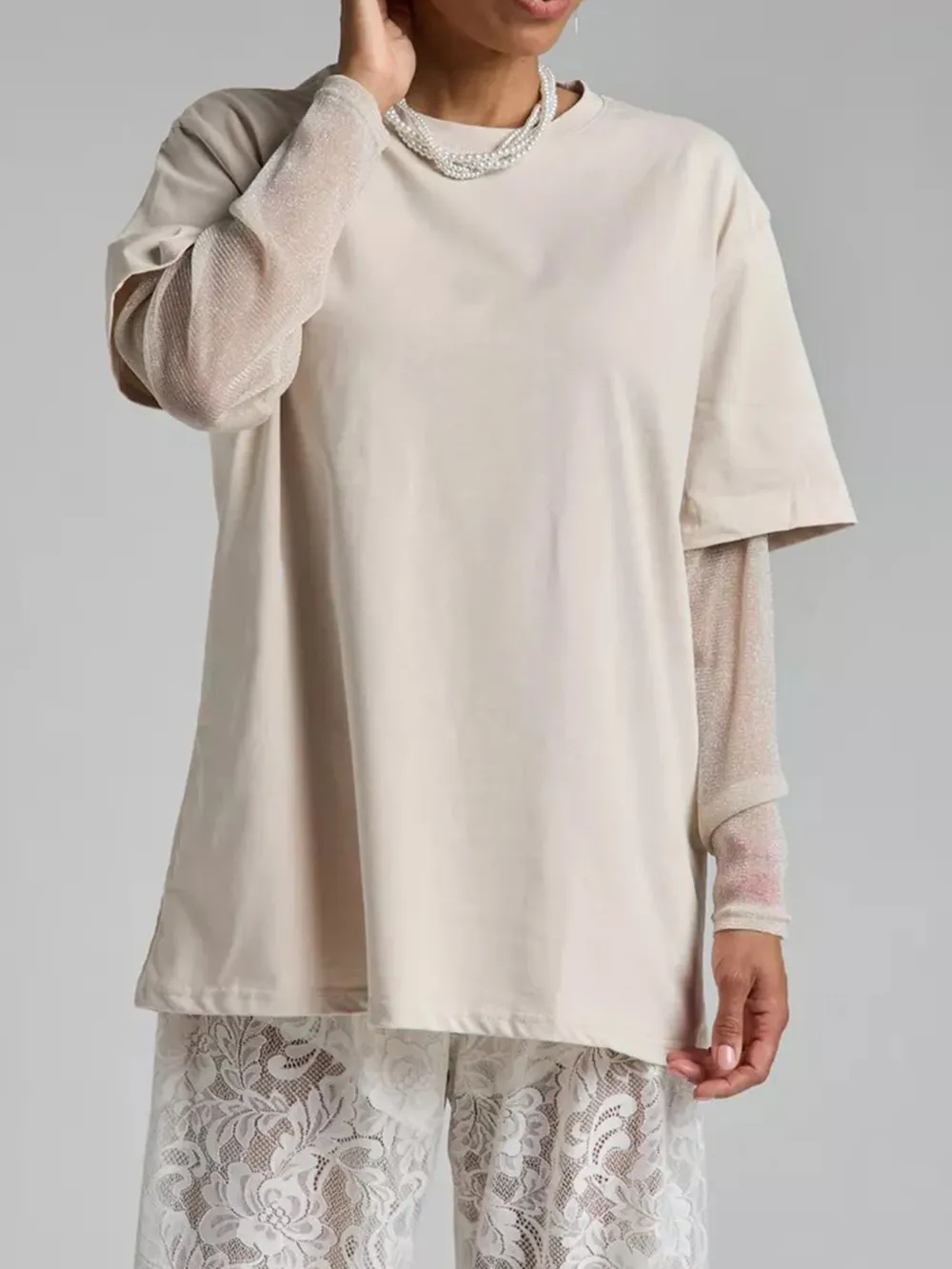 Faux Layered Round Neck Mesh Sleeve Top, image 10
