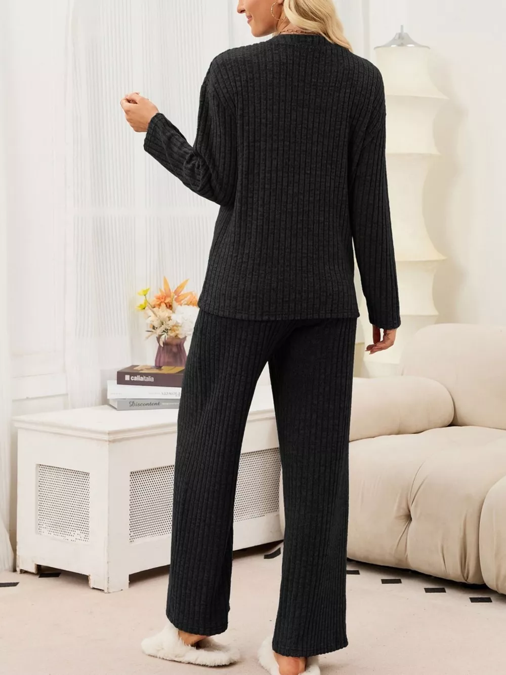 Ribbed Knit Top and Wide-Leg Pants Set, image 12