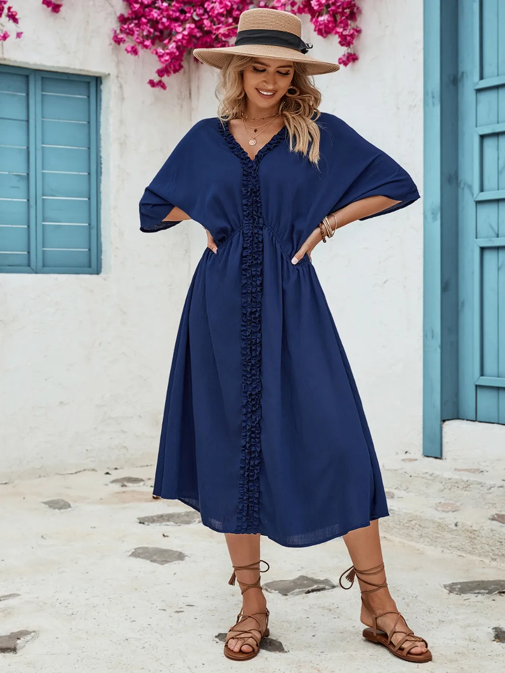 Frill Slit V-Neck Three-Quarter Sleeve Dress, image 2