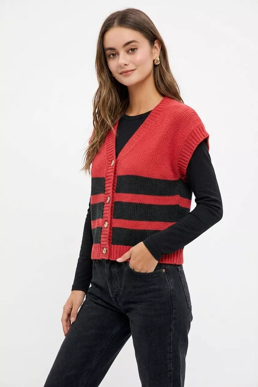 BiBi Game Day Theme Stripe Buttoned V Neck Knit Cardigan, image 3