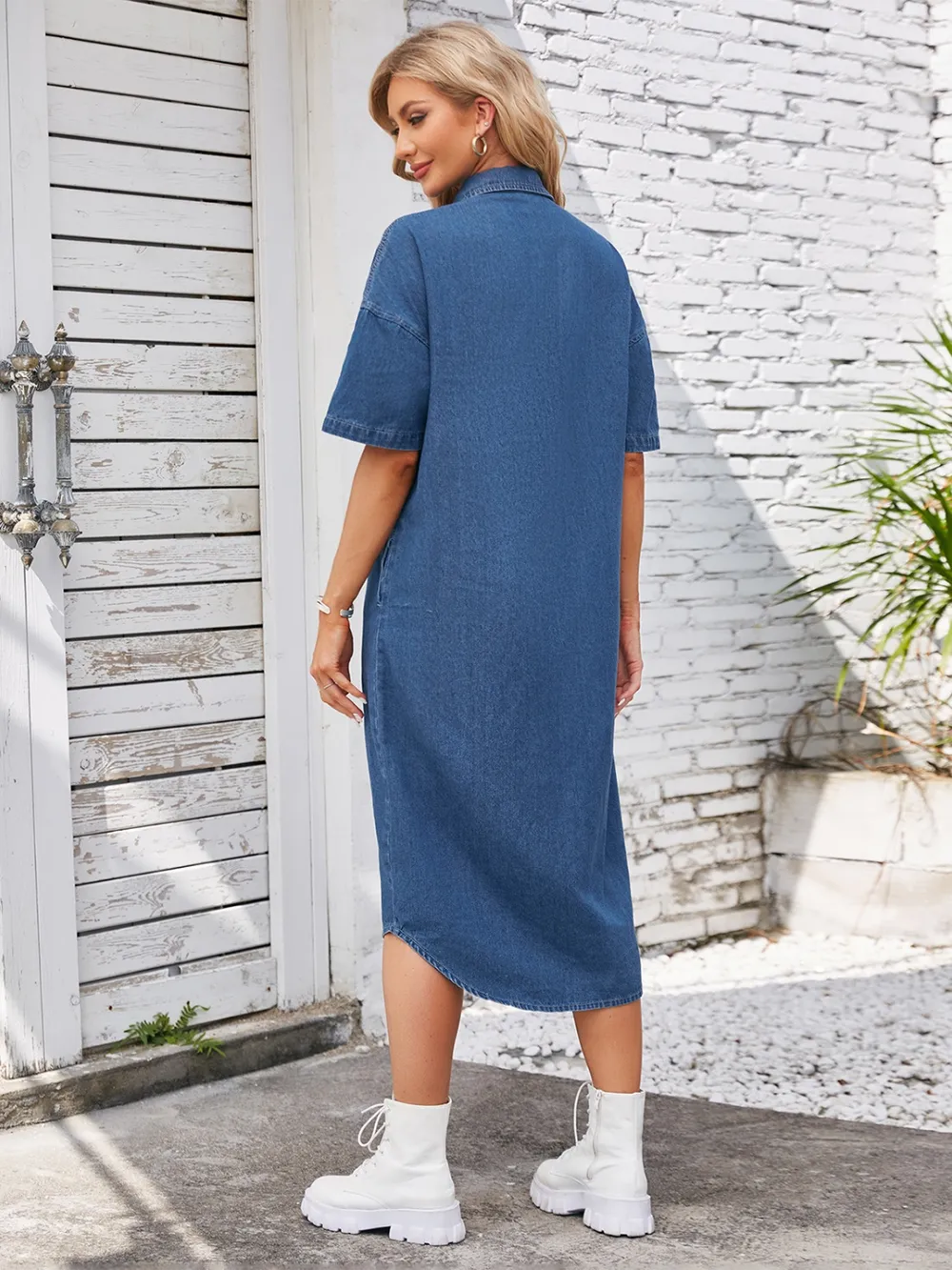 Button Up Dropped Shoulder Denim Dress, image 3
