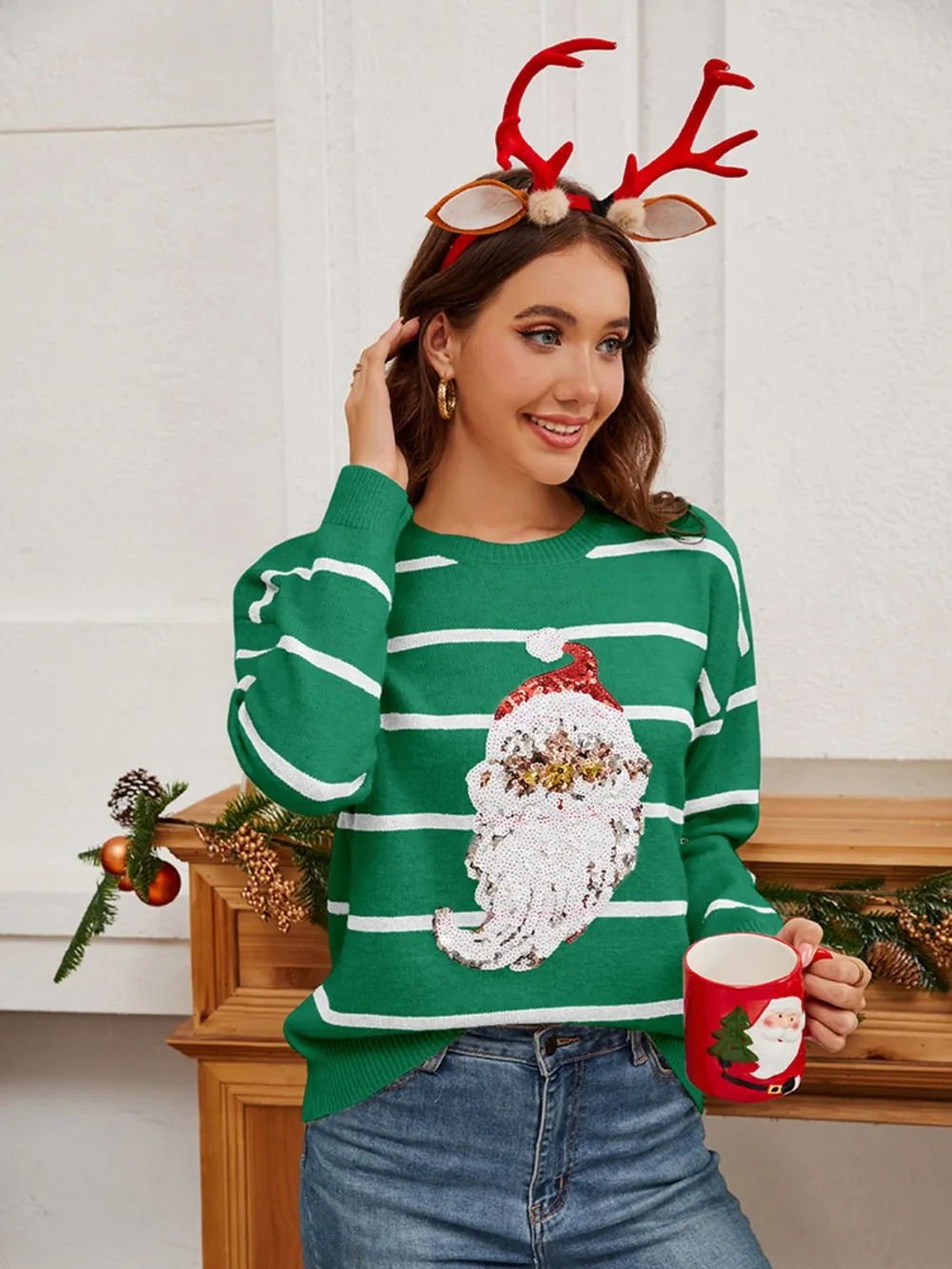 Sequin Santa Striped Round Neck Long Sleeve Sweater, image 4