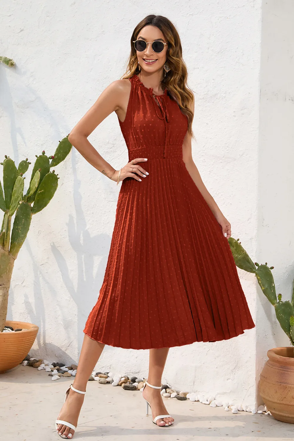 Swiss Dot Tie Neck Sleeveless Dress, image 6