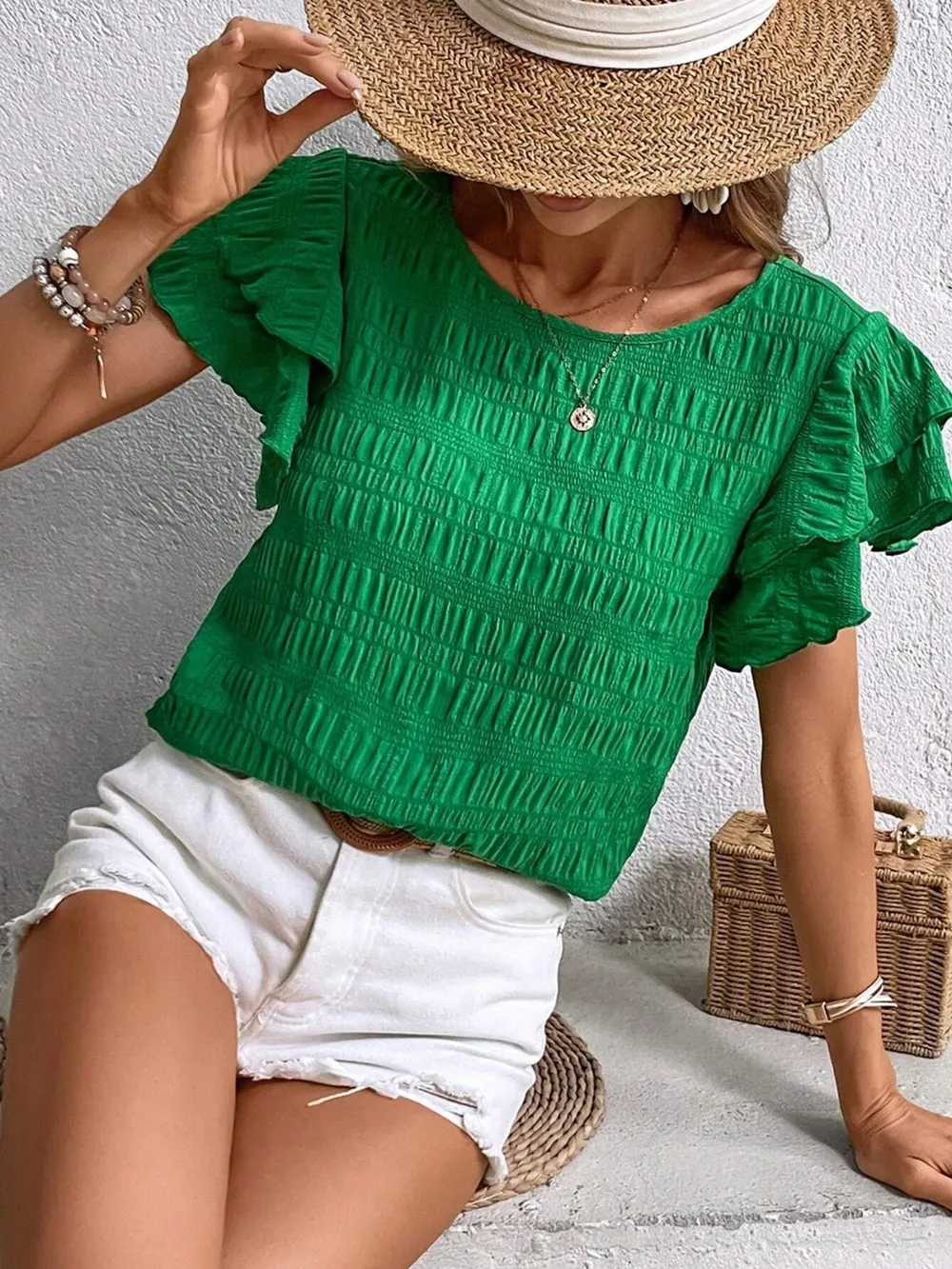 Round Neck Flounce Sleeve Blouse, image 4