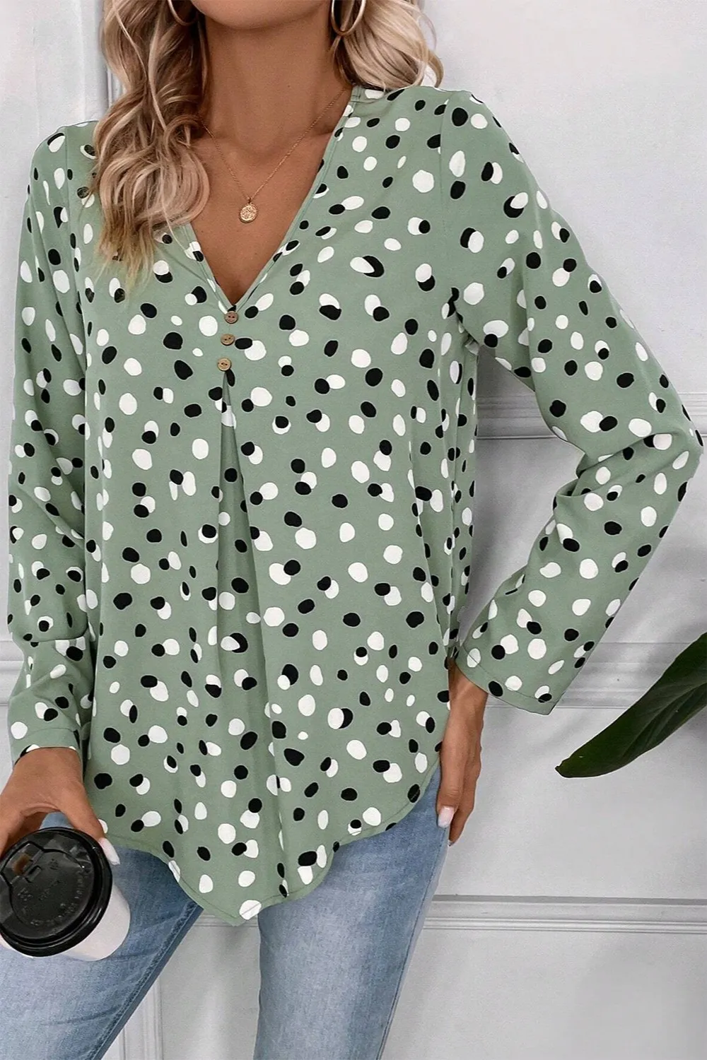 Printed V-Neck Long Sleeve Blouse, image 2
