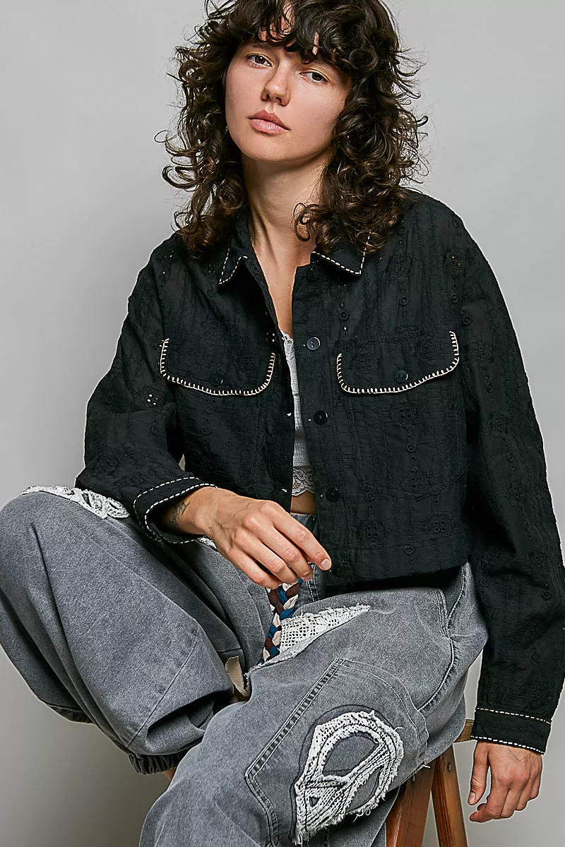 POL Cropped Button-Front Eyelet Cotton Jacket, image 4