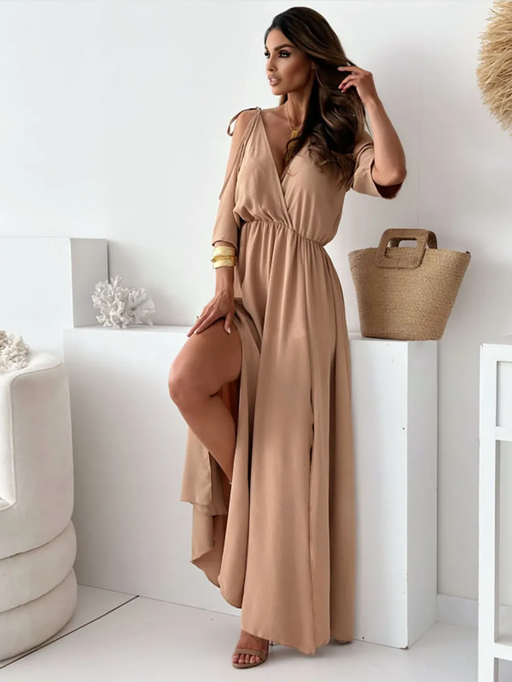 Tied Shoulder Slit Maxi Dress, image 3