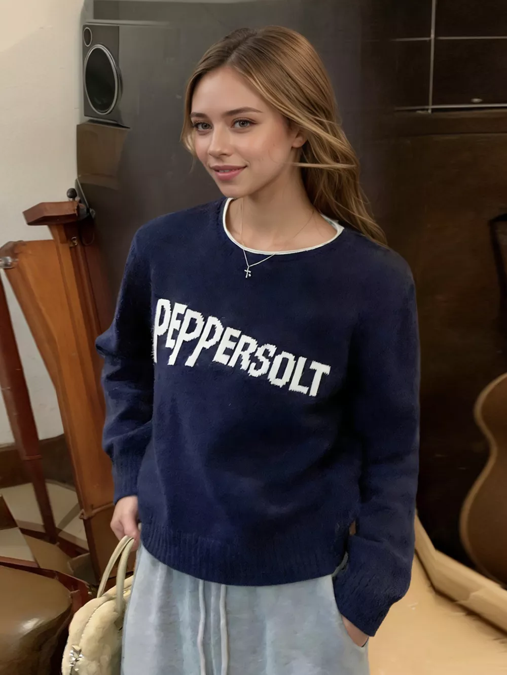 Letter Contrast Trim Round Neck Sweater, image 3